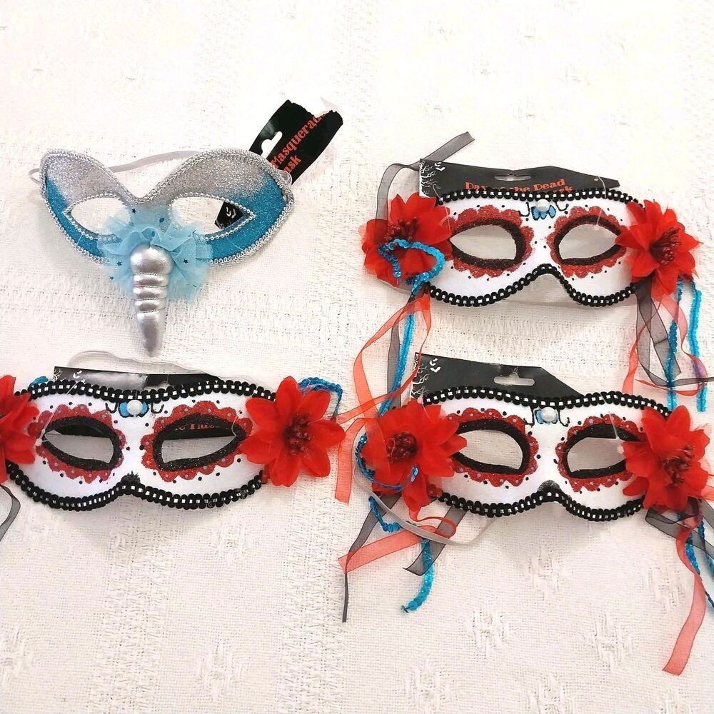 4 Masqerade Masks 3 Day Of The Dead And 1 Unicorn All New #C026